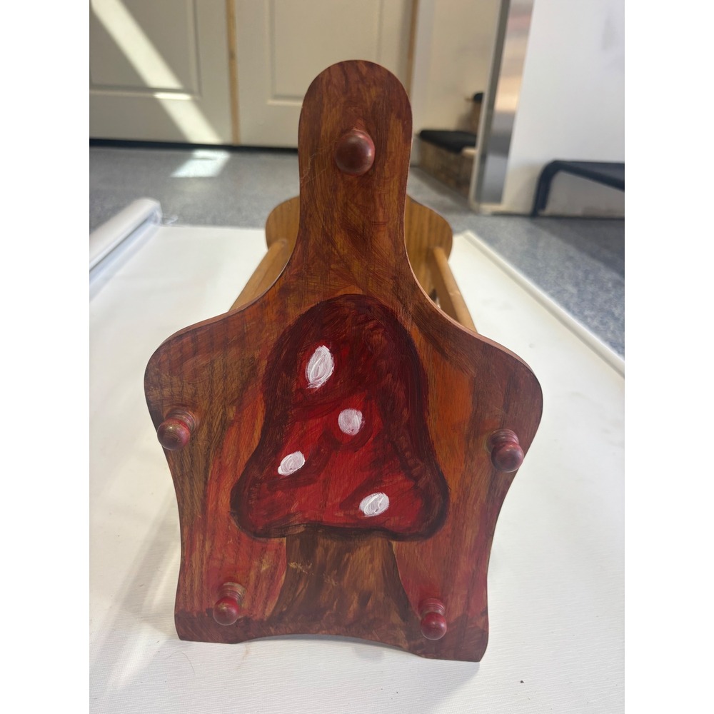 Vintage Hand Painted Mushroom Wood Magazine Rack Cottagecore Spindle Caddy 15in
